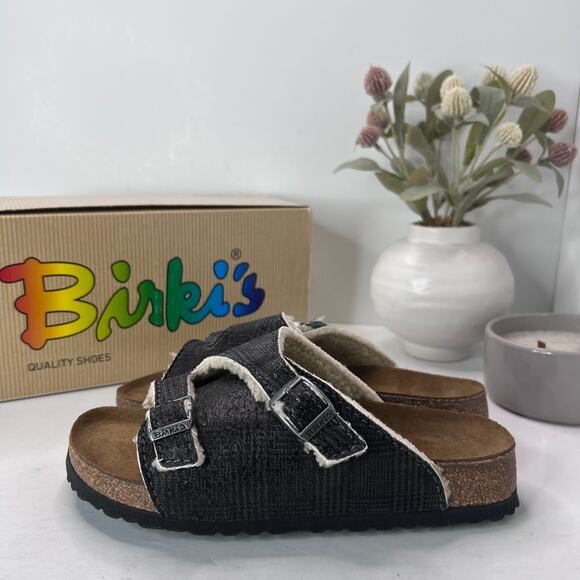 Birki's Zurich Slide Sandals Check Fur Gray 516233 Women 7/Men 5/EU38 NWB Narrow - Picture 1 of 10